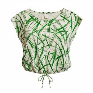 Vintage 1960s Cropped Mod Top Sz L Psychedelic Brushstroke Print Drawstring Hem